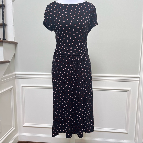 Boden Black and Pink Polka Dot Midi Dress - Picture 1 of 8